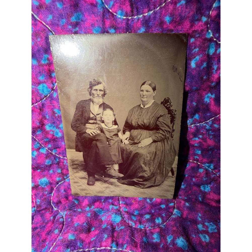 Antique Tintype Family Portrait Victorian Era Man Woman Child 1800s Photograph